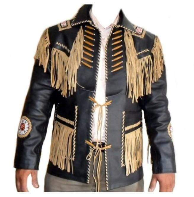 Men’s Black and Beige Western Leather Jacket - Cowboy Style with Fringe