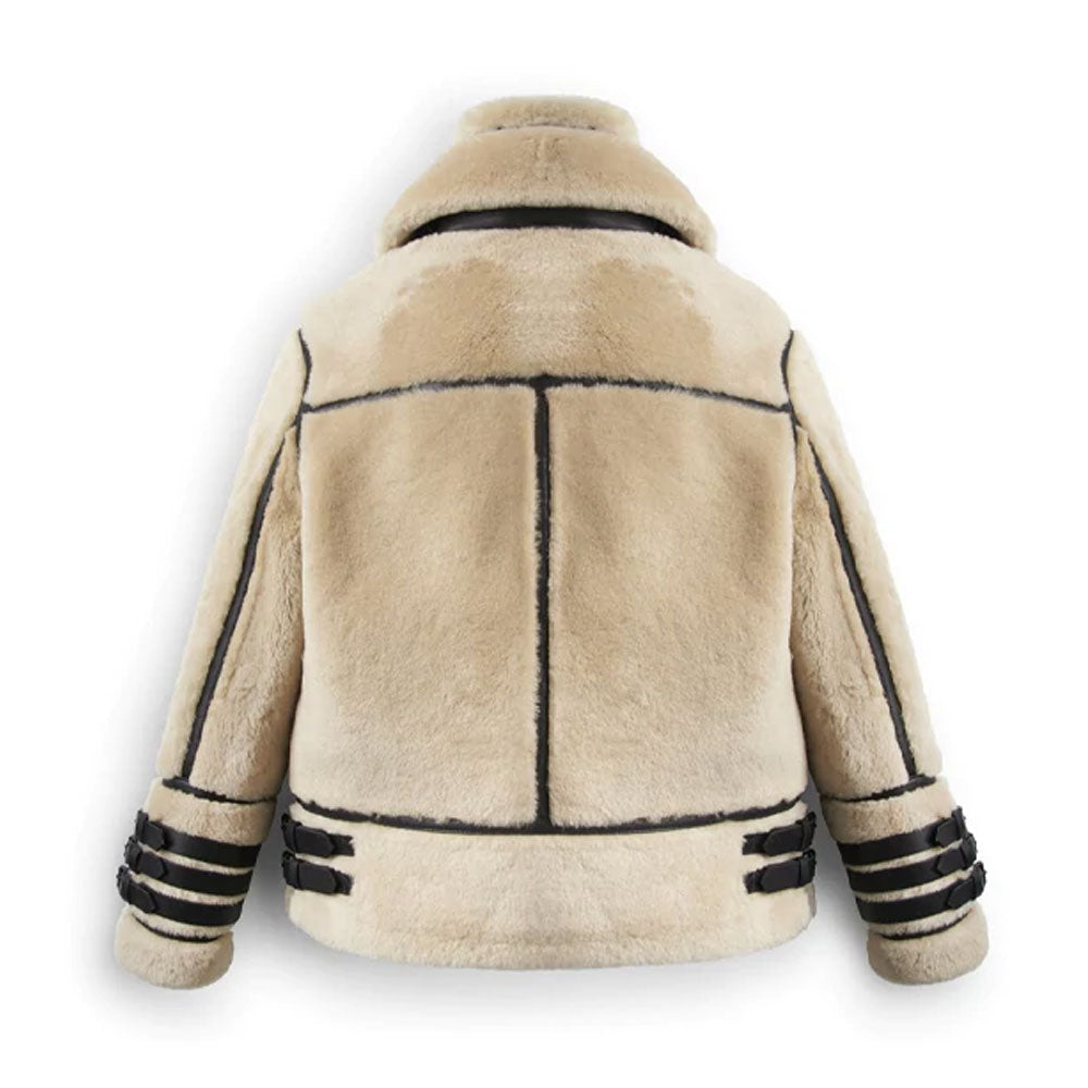 Off White Shearling Leather Jacket With Stripes