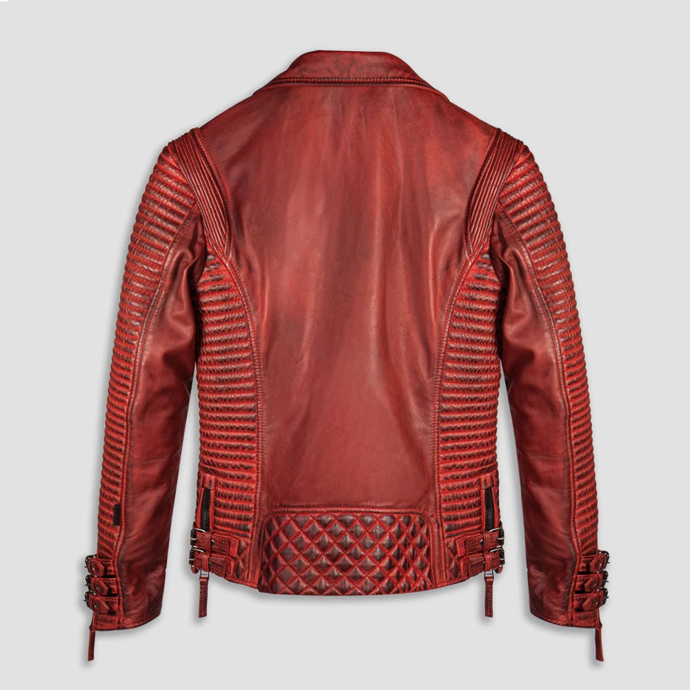 Avanzar Leather Men’s Red Waxed Biker Leather Motorcycle Jacket