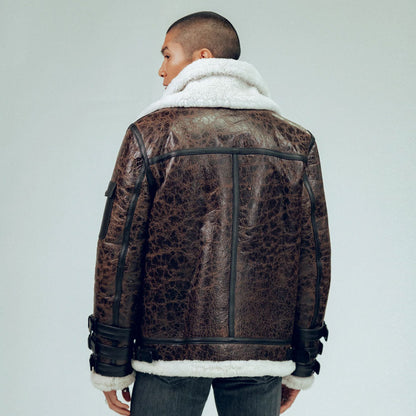 Double Tone Brown Shearling Aviator Leather Jacket