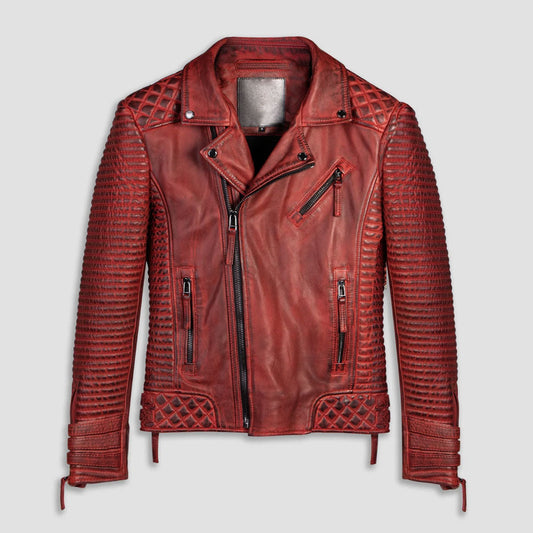 Avanzar Leather Men’s Red Waxed Biker Leather Motorcycle Jacket