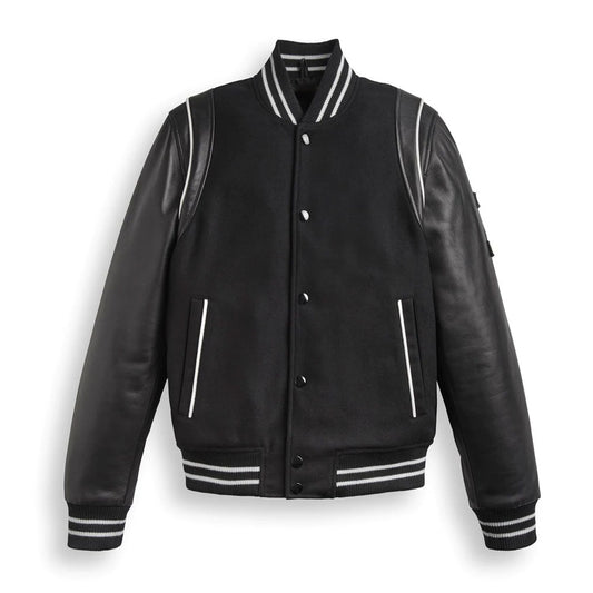 Men’s Black Varsity Bomber Leather Jacket with Stripes