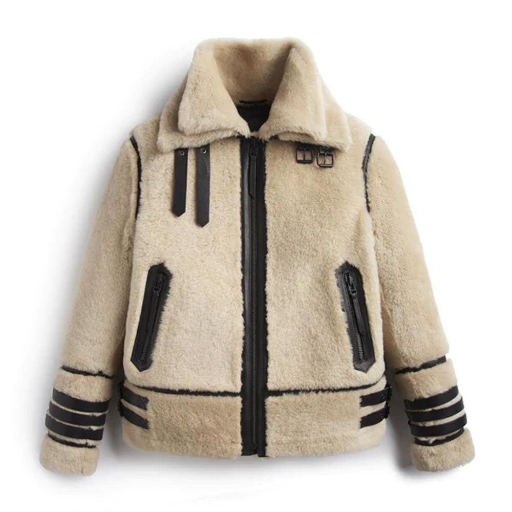 Off White Shearling Leather Jacket With Stripes