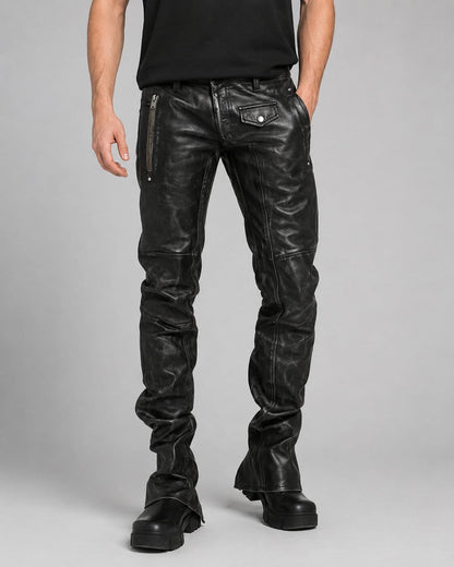 Leather Exotica Black Leather Biker Pants - Bold Motorcycle Style front view by avanzar leather
