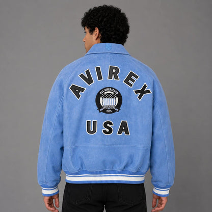 Back view denim and leather varsity bomber jacket Avirex
