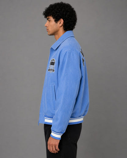 Side profile of limited edition Avirex denim bomber jacket