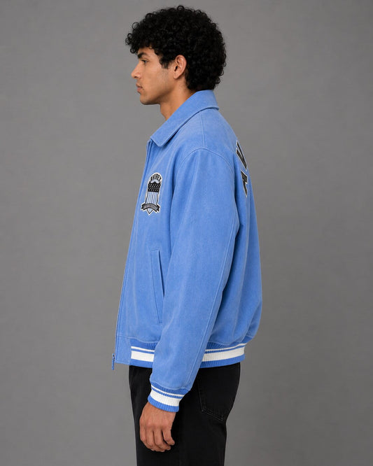 Side profile of limited edition Avirex denim bomber jacket