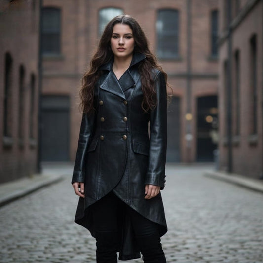 Long Black Leather Coat Women Edwardian Military Trench Style