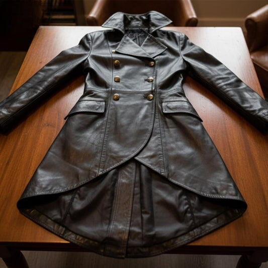 Long Black Leather Coat Women Edwardian Military Trench Style