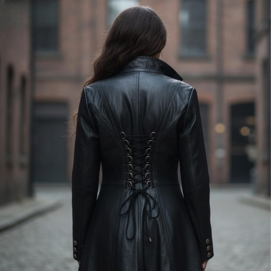 Long Black Leather Coat Women Edwardian Military Trench Style