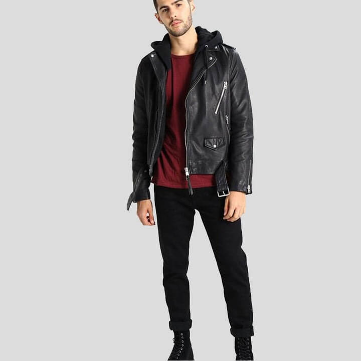 Lupe Black Removable Hooded Leather Jacket