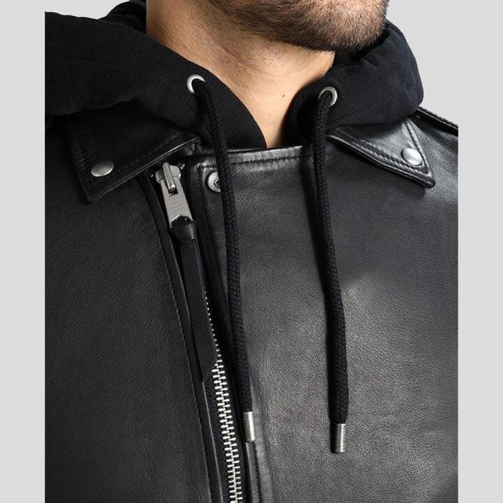 Lupe Black Removable Hooded Leather Jacket