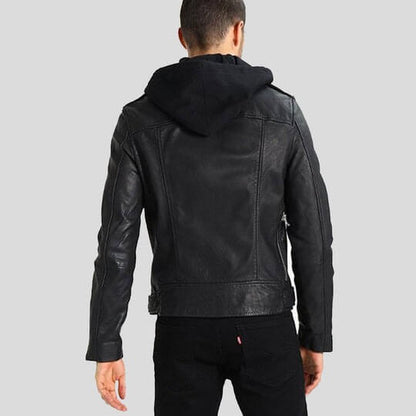 Lupe Black Removable Hooded Leather Jacket