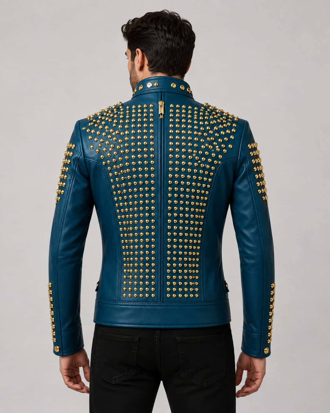 Make A Bold Statement With A Men Teal Blue Studded Leather Jacket back view by avanzar leather