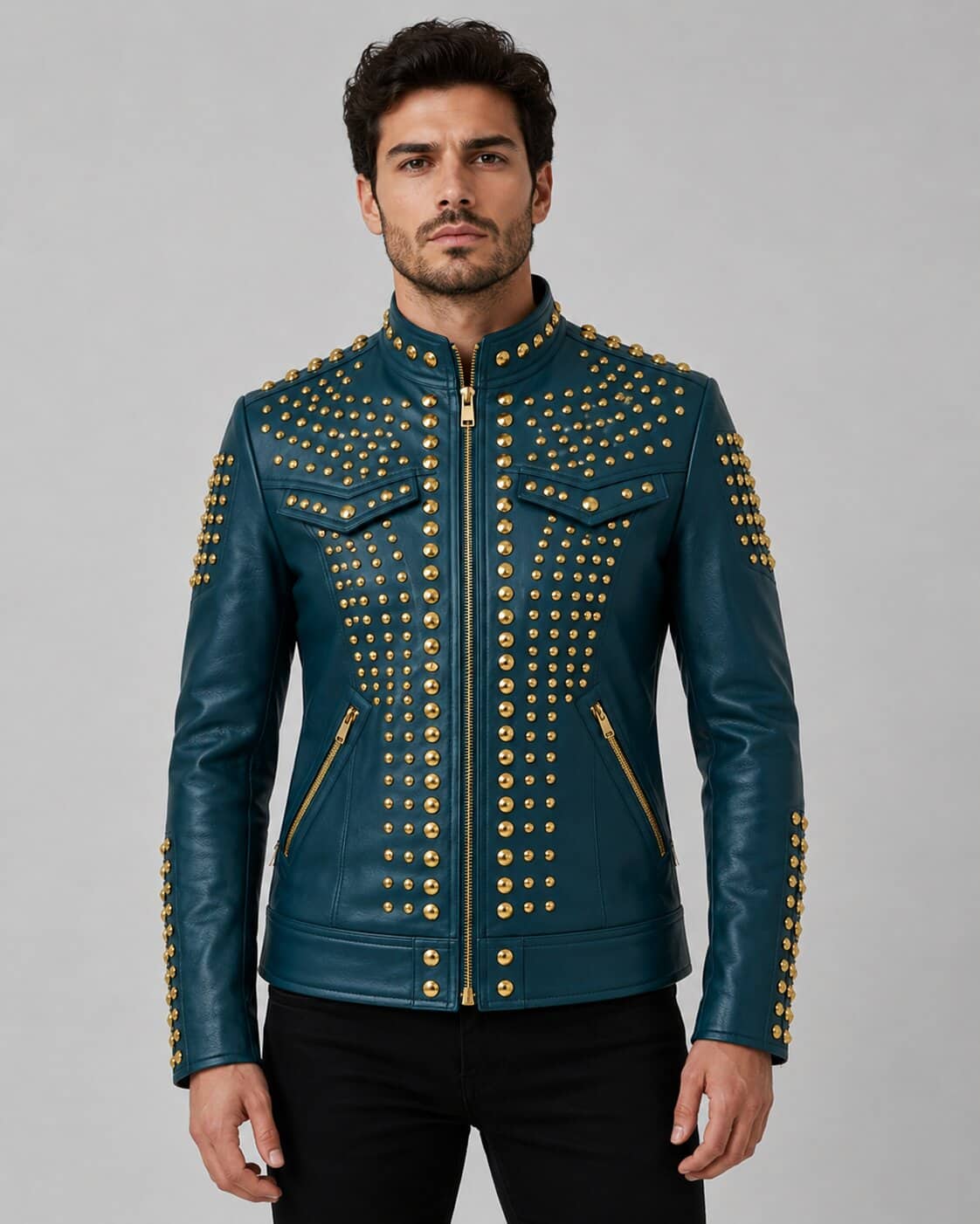 Make A Bold Statement With A Men Teal Blue Studded Leather Jacket front view by avanzar leather
