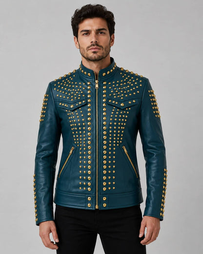 Make A Bold Statement With A Men Teal Blue Studded Leather Jacket front view by avanzar leather
