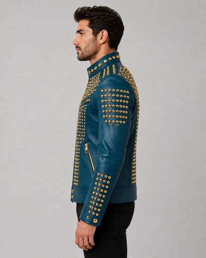 Make A Bold Statement With A Men Teal Blue Studded Leather Jacket sid view by avanzar leather