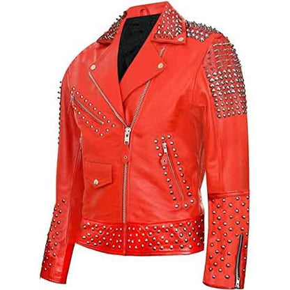 Men’s Red Spiked Punk Leather Biker Jacket by Avanzar Leather