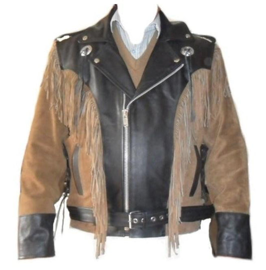 Men’s 1980s Cowboy Suede Leather Jacket Black and Beige with Fringe