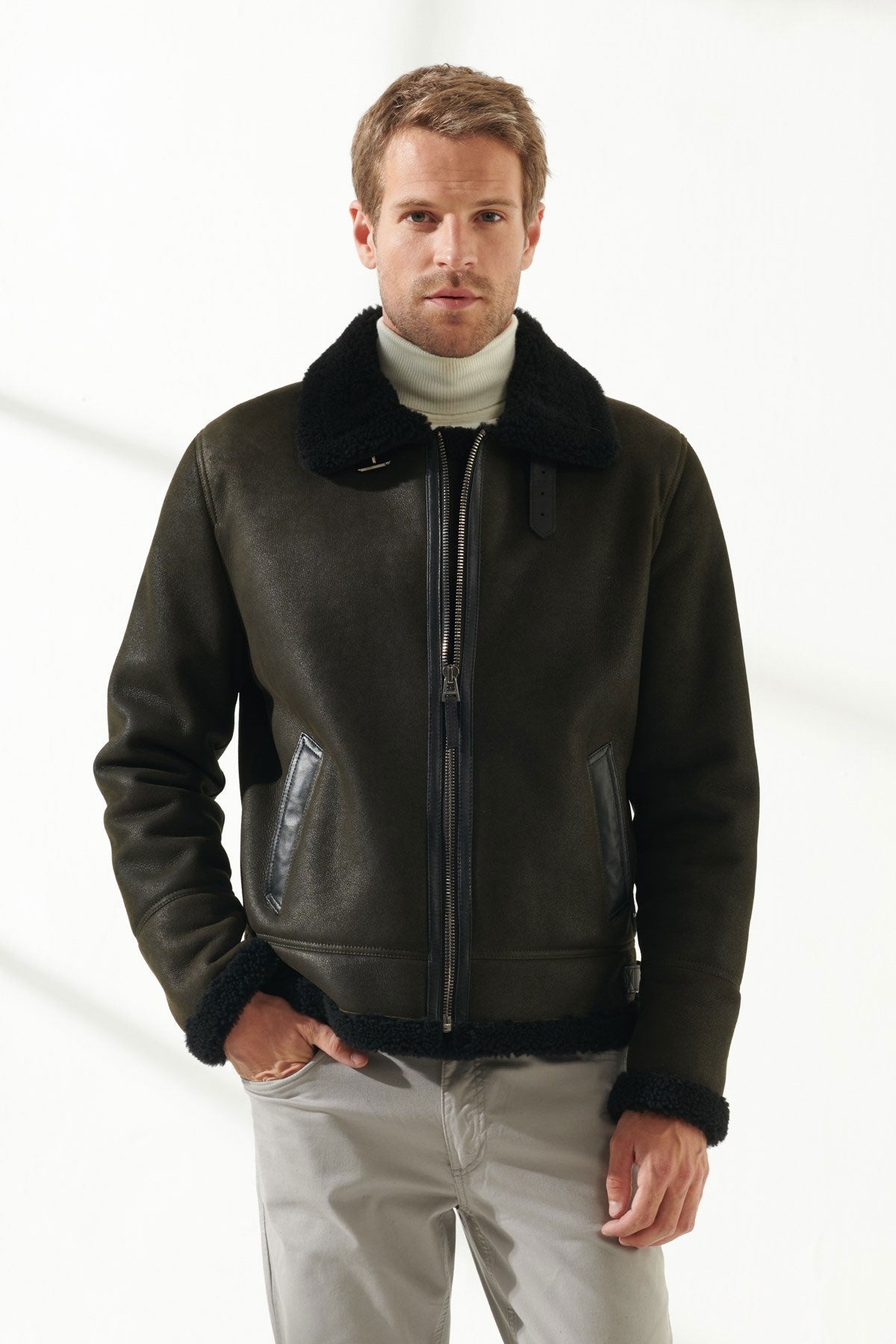 Men's Dark Green Aviator Shearling Jacket