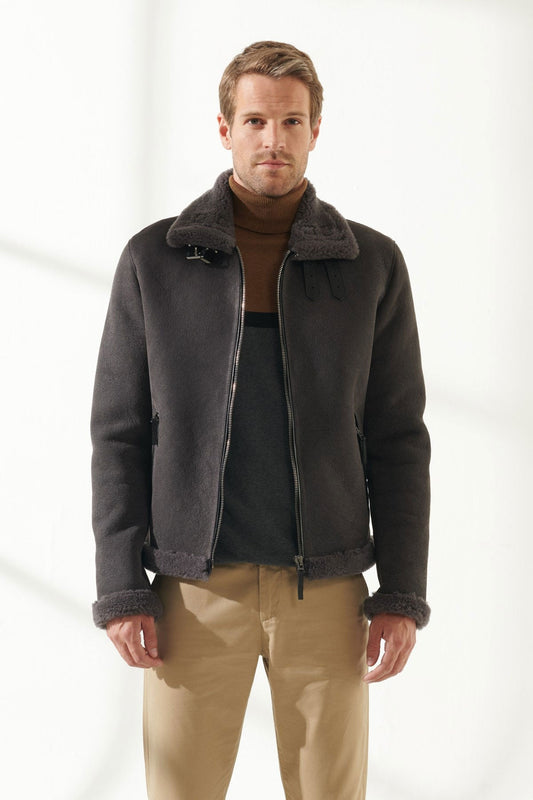 Men's Grey Aviator Shearling Jacket