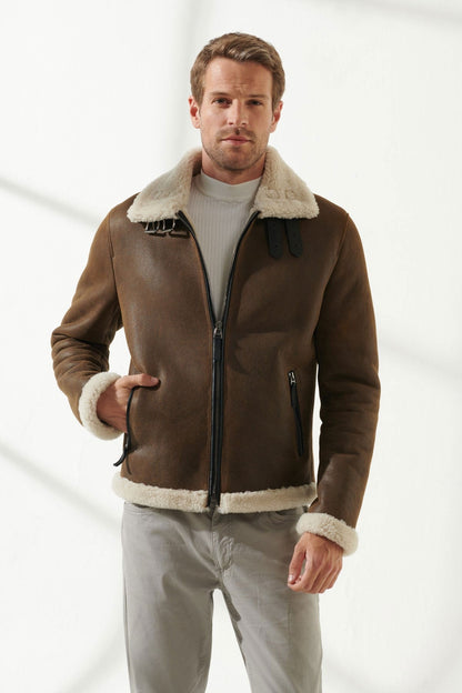 Men's Tan & Off-White Aviator Shearling Jacket