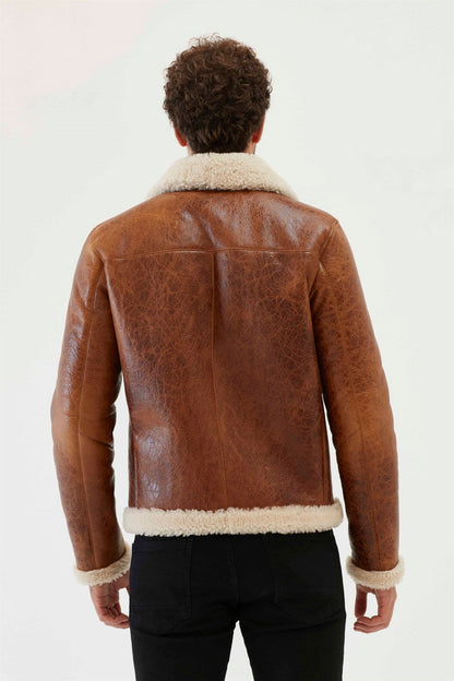 Men's Tan & Off-White Aviator Shearling Jacket