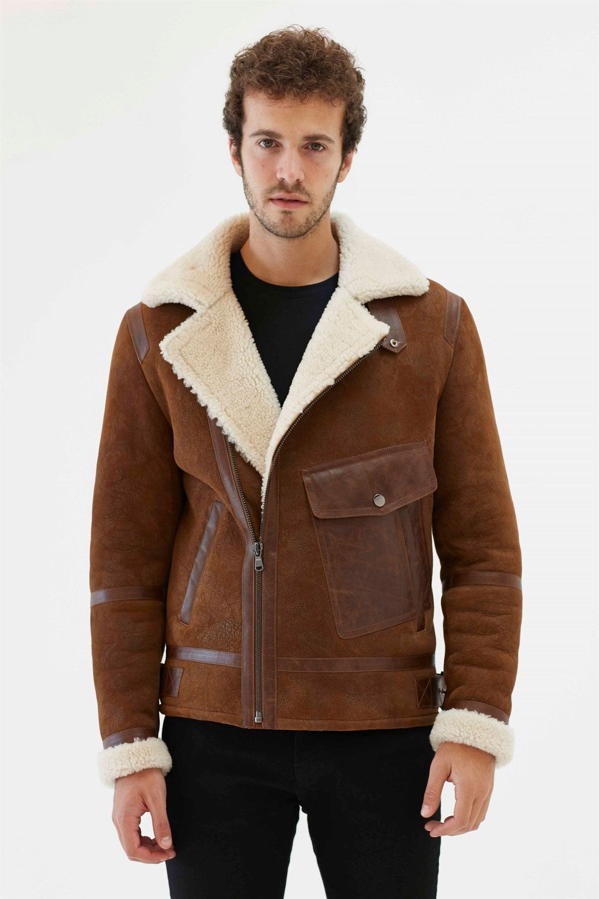 Men's Tan & Off-White Aviator Shearling Jacket