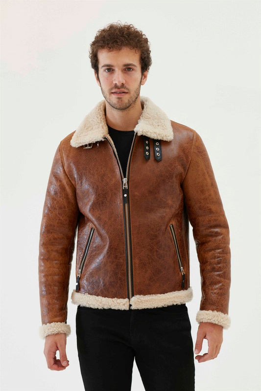 Men's Tan & Off-White Aviator Shearling Jacket