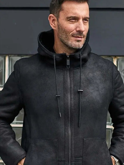 Men's Black B7 Bomber Shearling Leather Coat