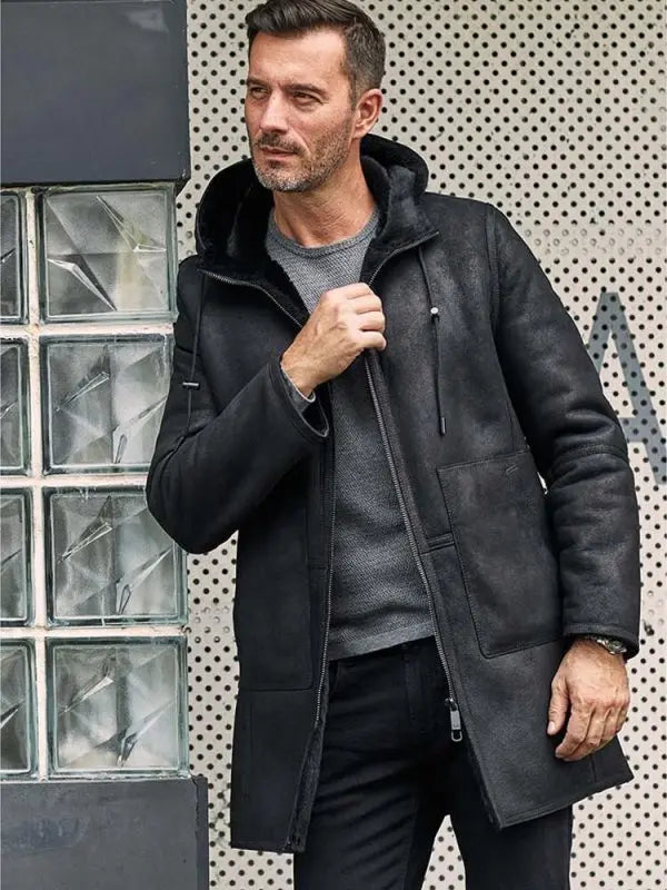 Men's Black B7 Bomber Shearling Leather Coat