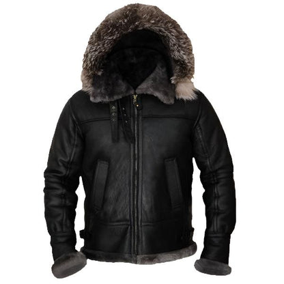 Men's Black Shearling Jacket With Hoodie