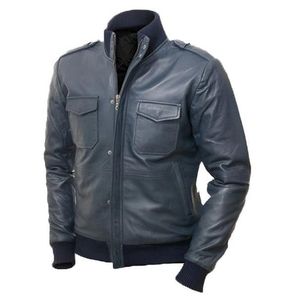 Men's Blue Bomber Leather Jacket - Bold & Stylish