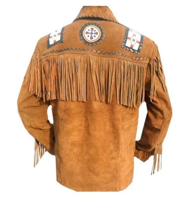 Men’s Brown Western Cowboy Suede Leather Jacket - Eagle Beads & Fringe