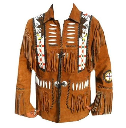 Men’s Brown Western Cowboy Suede Leather Jacket - Eagle Beads & Fringe