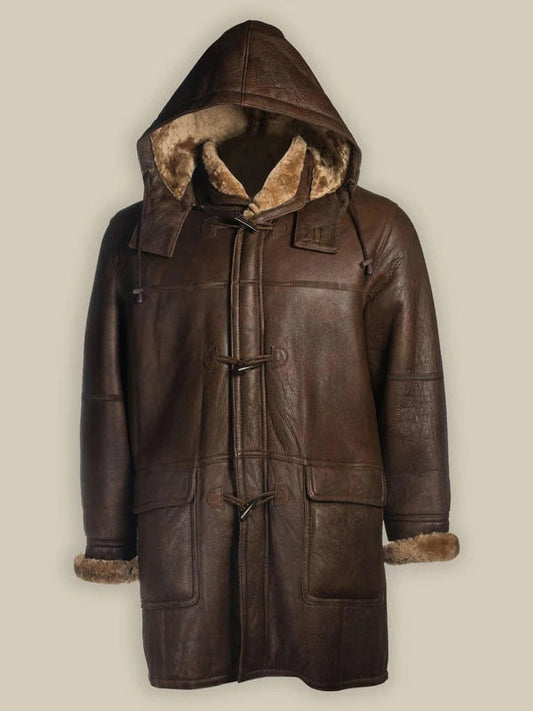 Men’s Brown Shearling Bomber Hoodie Coat