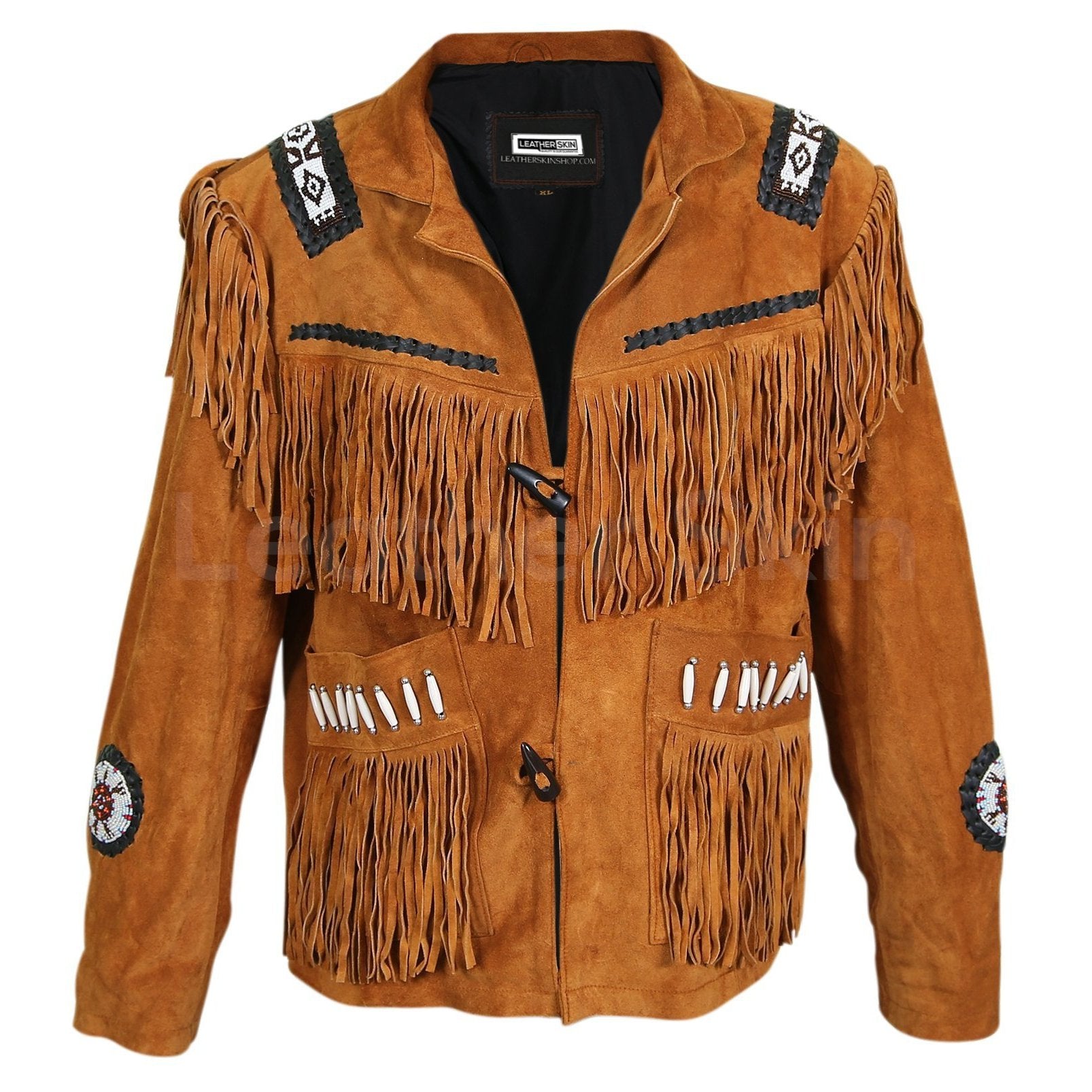 Men’s Brown Western Leather Jacket with White Bead Fringes