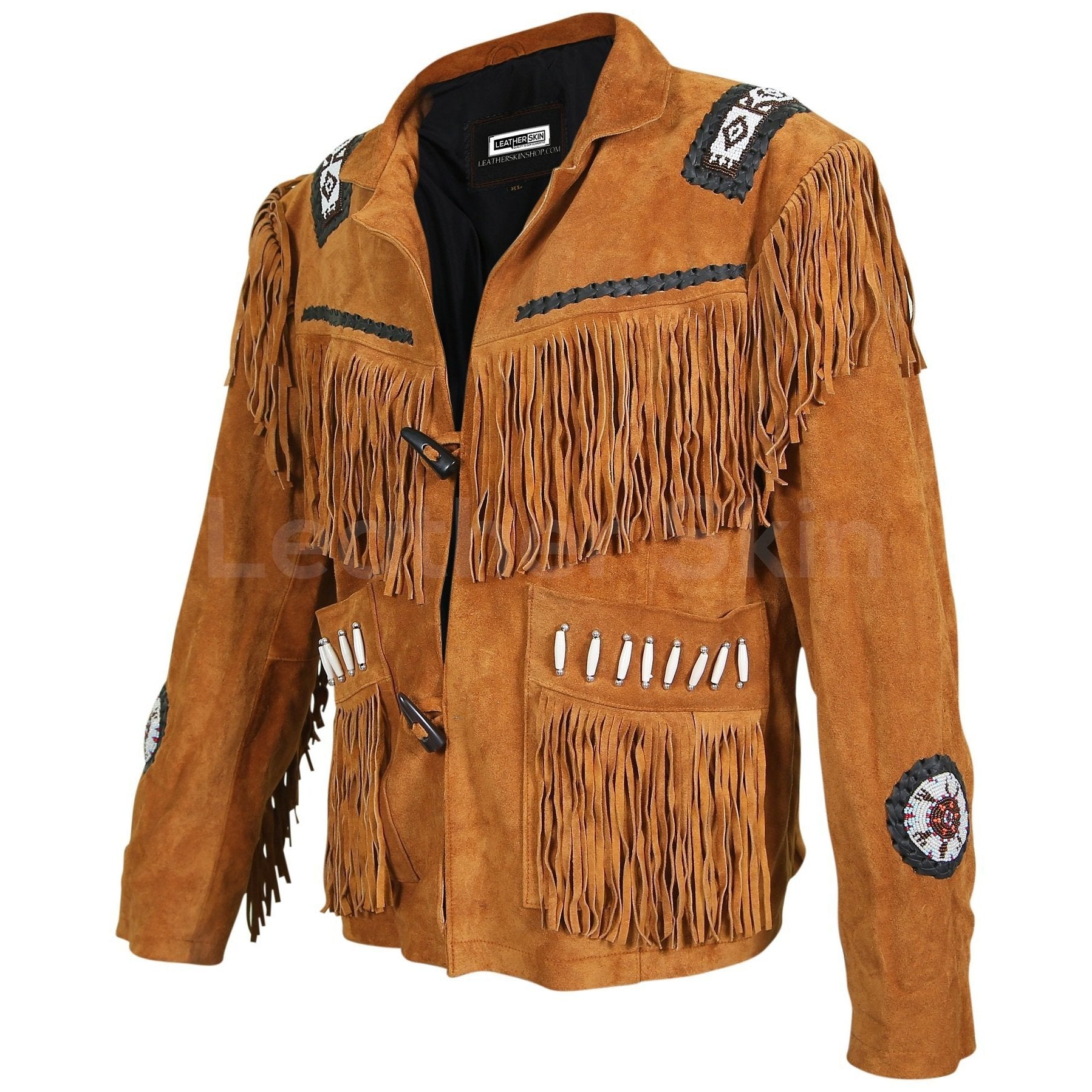 Men’s Brown Western Leather Jacket with White Bead Fringes