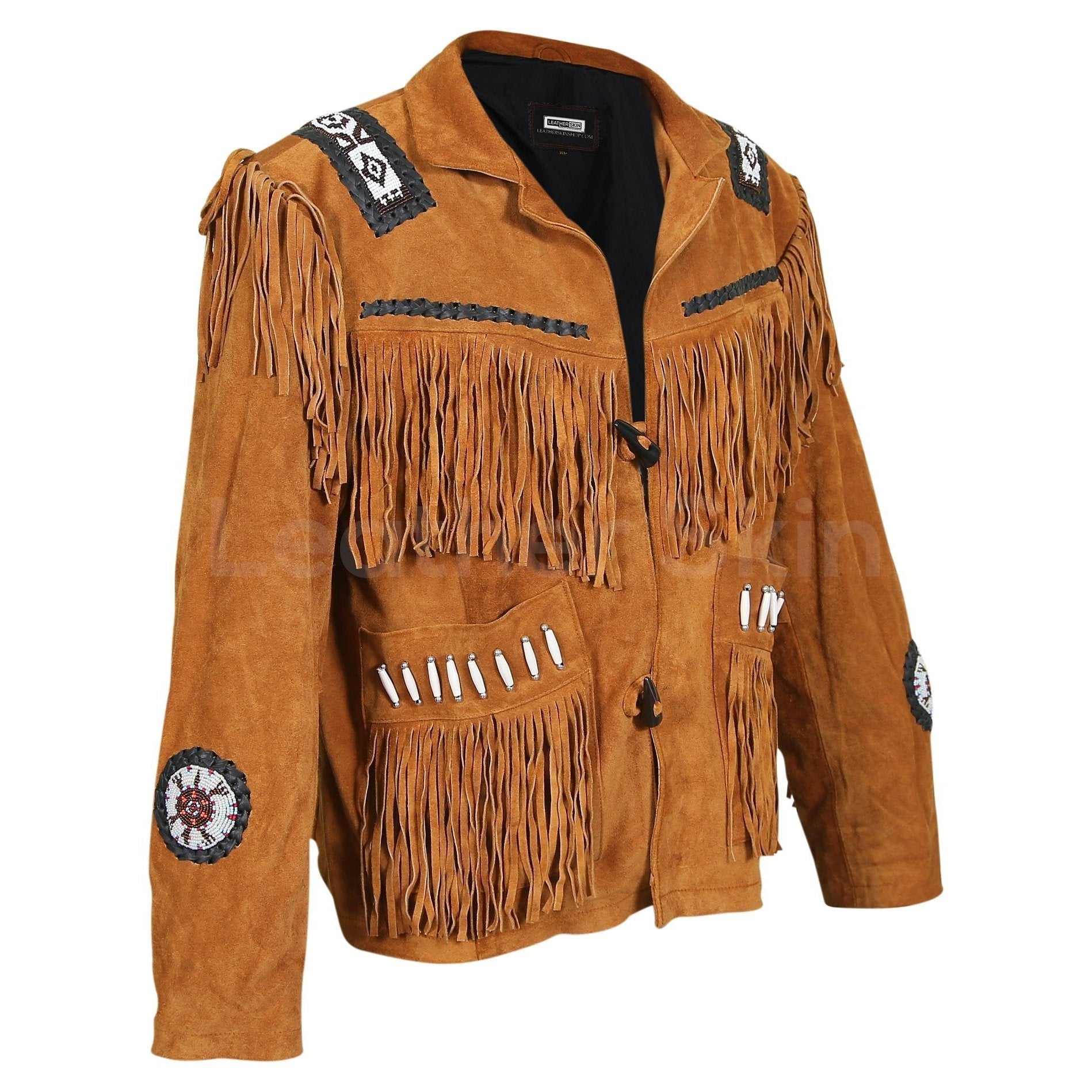 Men’s Brown Western Leather Jacket with White Bead Fringes