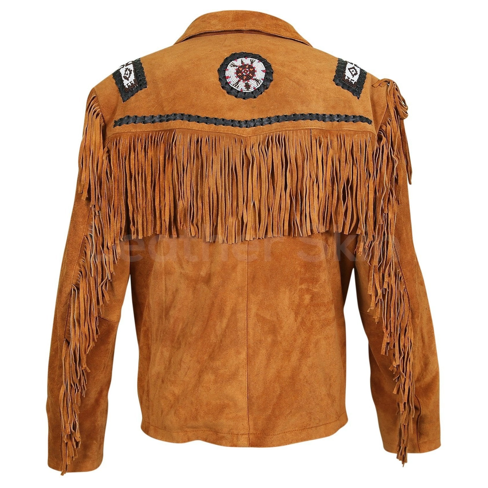 Men’s Brown Western Leather Jacket with White Bead Fringes