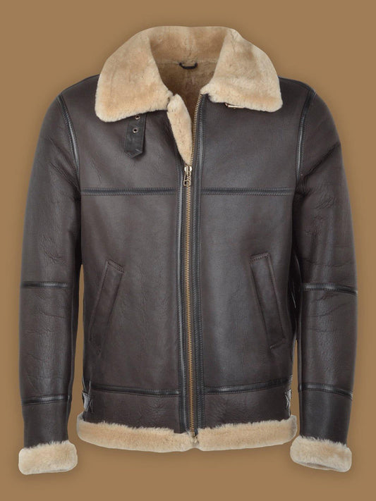 Men’s Dark Brown RAF Shearling Bomber Leather Jacket - Rugged & Warm