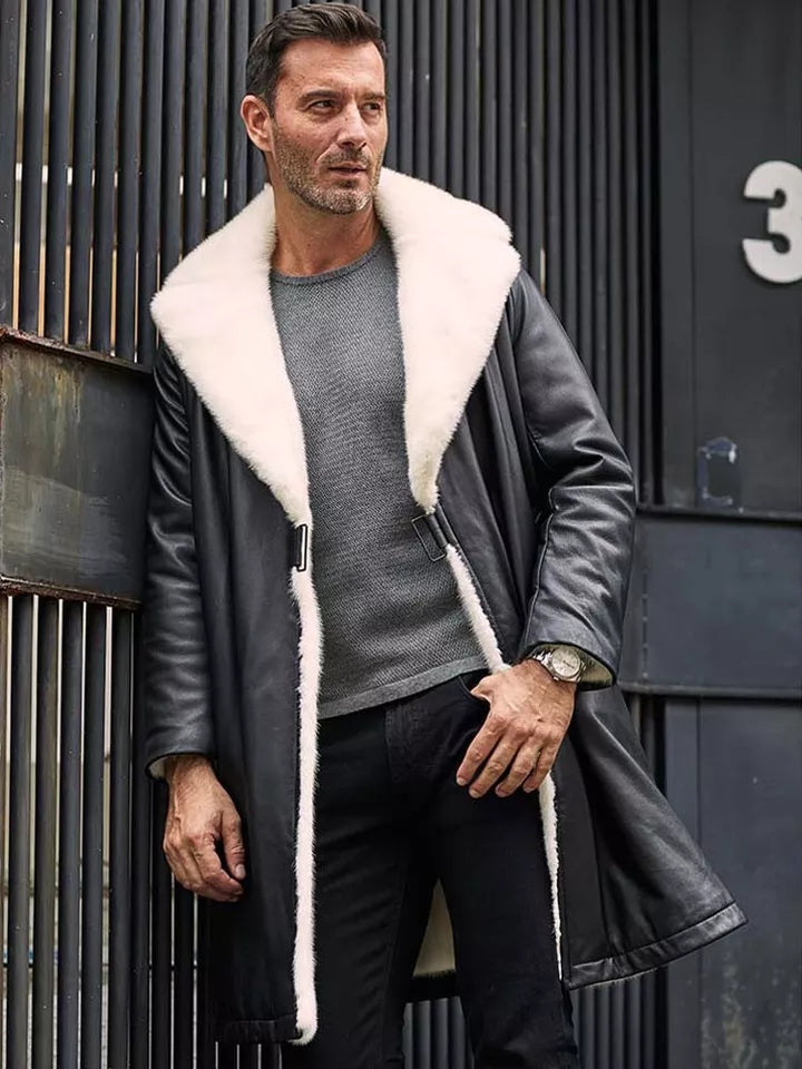 Men's Matte Black Double-Sided Shearling Leather Coat