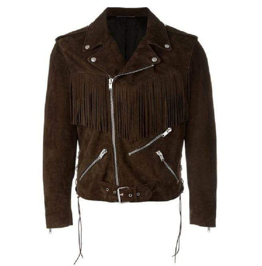 Men’s Brown Suede Fringe Motorcycle Jacket - Cowboy Western Style