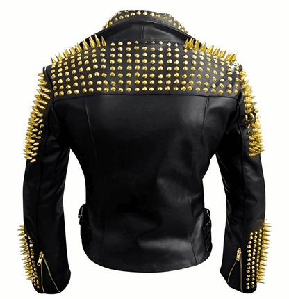 Men's Black Gold Studded Leather Biker Jacket by Avanzar