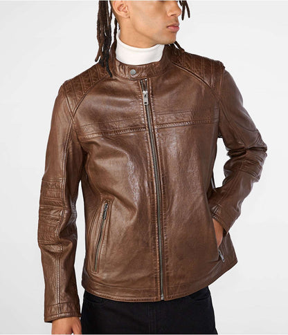 Men's Dark Brown Leather Cafe Racer Biker Jacket by Avanzar