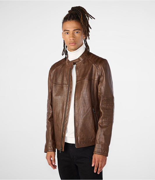 Men's Dark Brown Leather Cafe Racer Biker Jacket by Avanzar