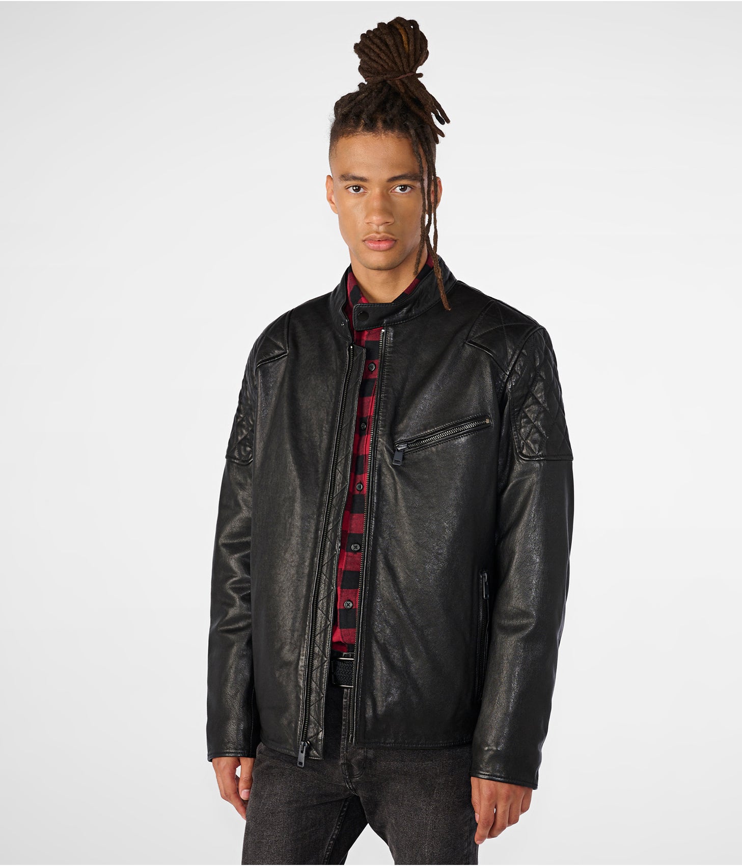 Men's Black Leather Jacket with Quilted Shoulders