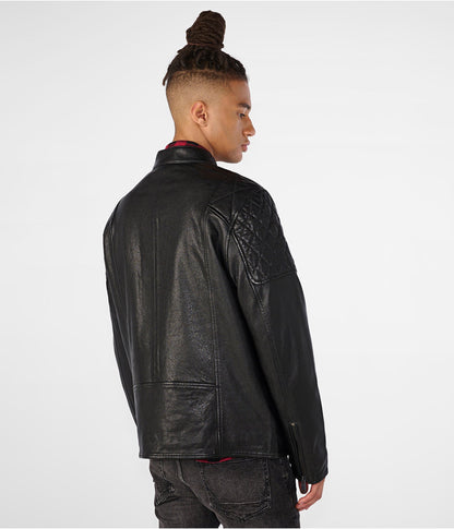 Men's Black Leather Jacket with Quilted Shoulders