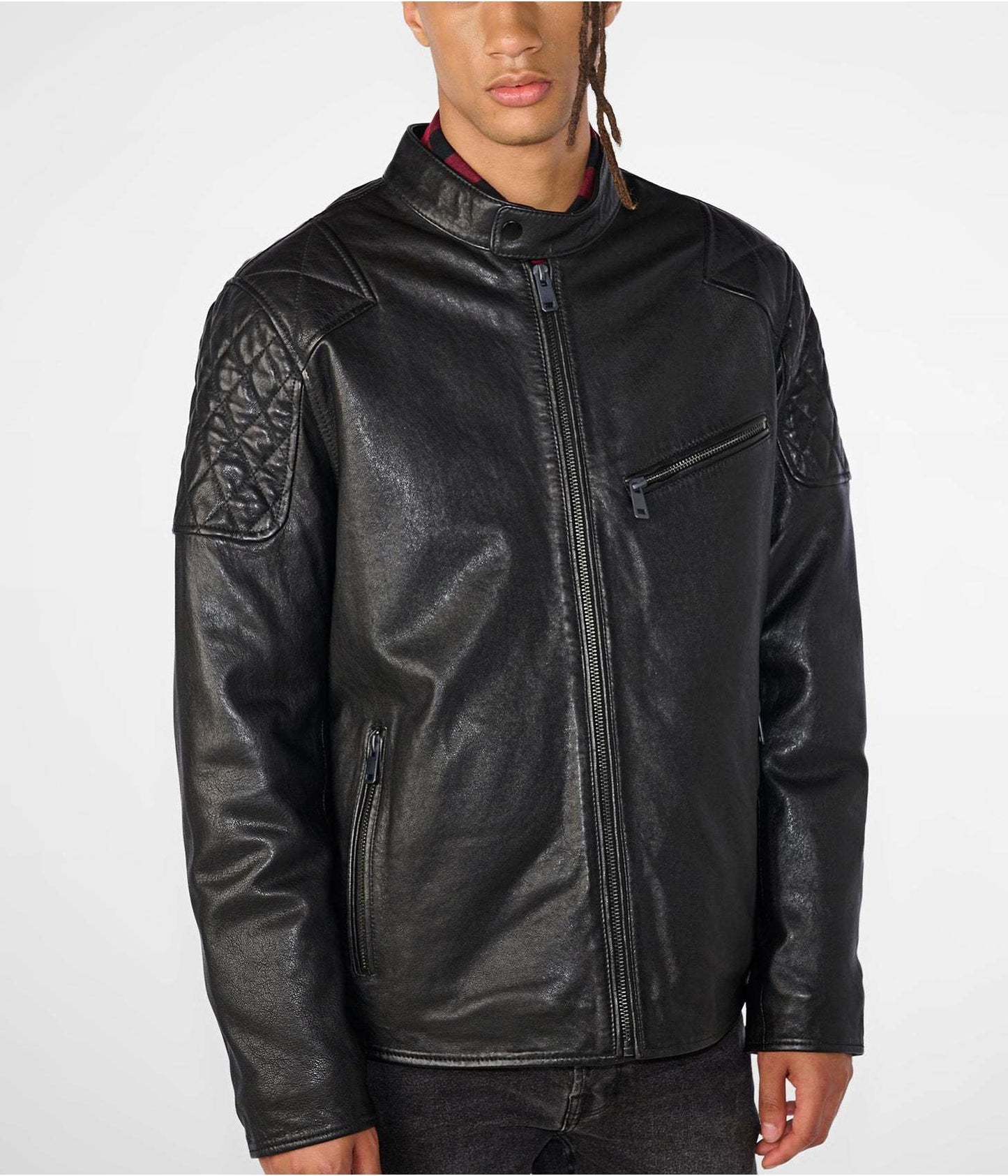 Men's Black Leather Jacket with Quilted Shoulders