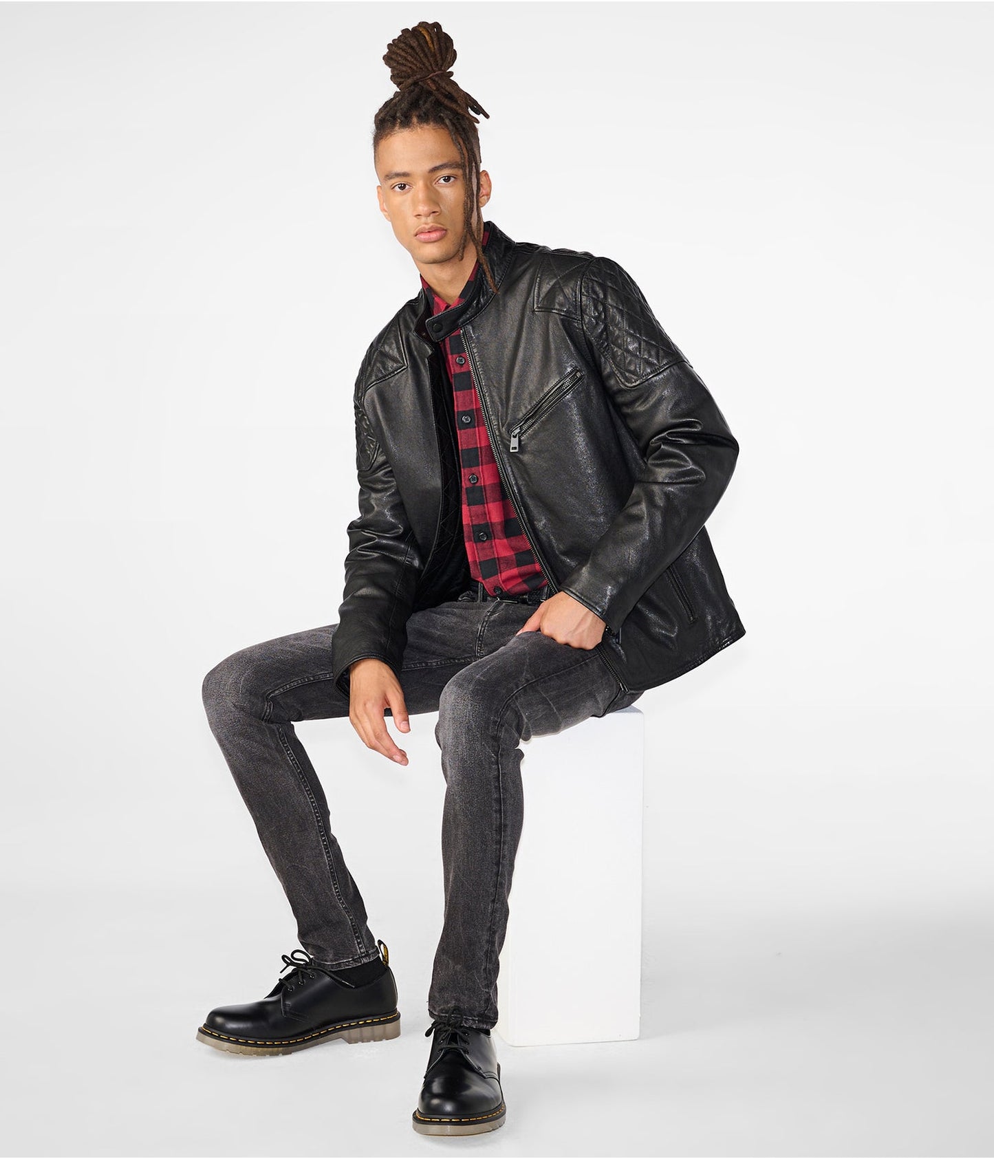 Men's Black Leather Jacket with Quilted Shoulders